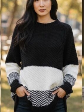 Linda Anderson Black White Colorblock Sweater Crewneck L NWT